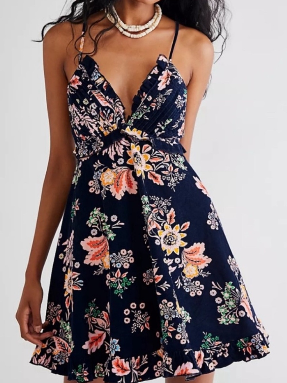 Free People Navy Floral Ruffle Mini Dress